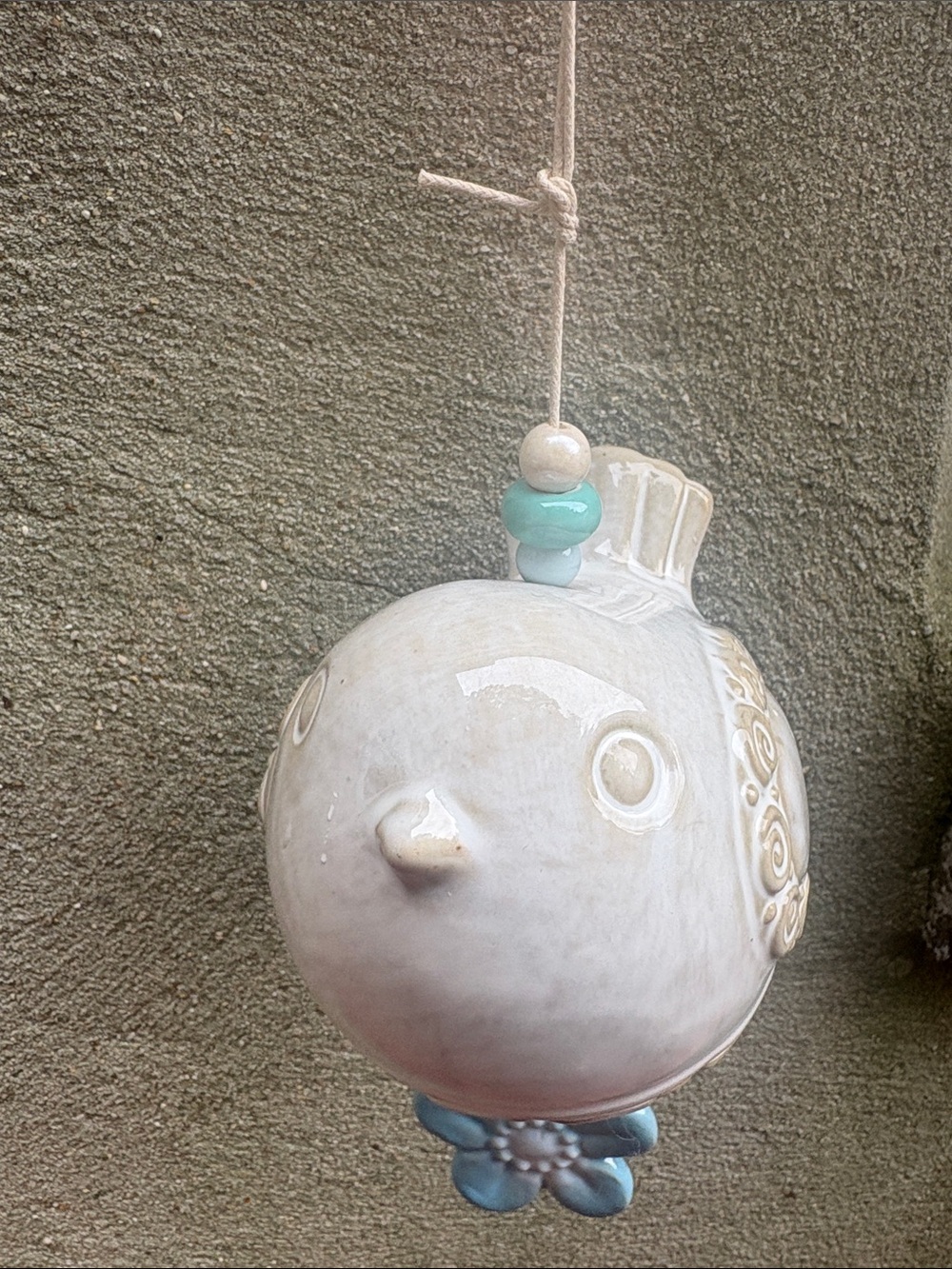 Ceramic Hanging Bird Wind Chime with Blue Flower - Picture 3 of 8
